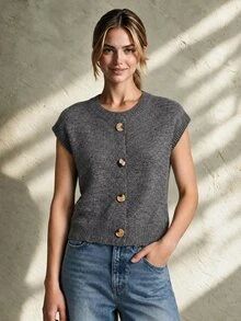 Trelyra Autumn/Winter New Old Money Style Fashion Distressed Women's Sweater Vest - Dark Grey - View 5