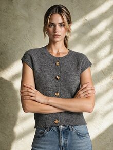Trelyra Autumn/Winter New Old Money Style Fashion Distressed Women's Sweater Vest - Dark Grey - View 6
