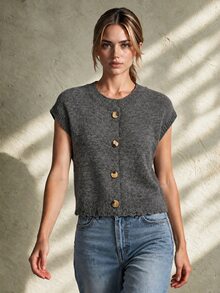 Trelyra Autumn/Winter New Old Money Style Fashion Distressed Women's Sweater Vest - Dark Grey - View 1