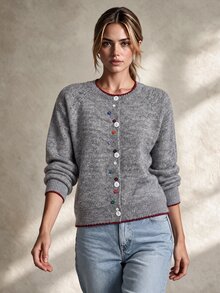 Trelyra Cardigan Rajut Lembut Leher Bulat Warna Campuran Abu-abu Wanita dengan Kerah Ruffle Gelombang Kontras, Kancing Warna-warni Acak untuk Kombinasi Bebas, Jaket Sweater Lengan Panjang Longgar dan Santai - Grey - View 1