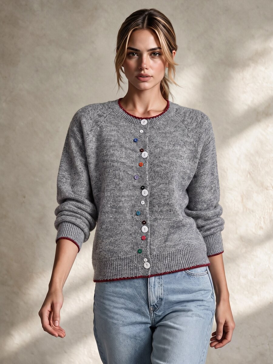 Trelyra Cardigan Rajut Lembut Leher Bulat Warna Campuran Abu-abu Wanita dengan Kerah Ruffle Gelombang Kontras, Kancing Warna-warni Acak untuk Kombinasi Bebas, Jaket Sweater Lengan Panjang Longgar dan Santai - Grey - View 1