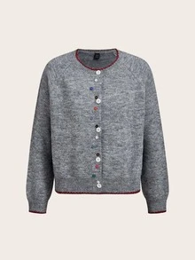 Trelyra Cardigan Rajut Lembut Leher Bulat Warna Campuran Abu-abu Wanita dengan Kerah Ruffle Gelombang Kontras, Kancing Warna-warni Acak untuk Kombinasi Bebas, Jaket Sweater Lengan Panjang Longgar dan Santai - Grey - View 7