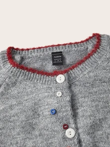 Trelyra Cardigan Rajut Lembut Leher Bulat Warna Campuran Abu-abu Wanita dengan Kerah Ruffle Gelombang Kontras, Kancing Warna-warni Acak untuk Kombinasi Bebas, Jaket Sweater Lengan Panjang Longgar dan Santai - Grey - View 9