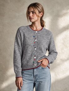 Trelyra Cardigan Rajut Lembut Leher Bulat Warna Campuran Abu-abu Wanita dengan Kerah Ruffle Gelombang Kontras, Kancing Warna-warni Acak untuk Kombinasi Bebas, Jaket Sweater Lengan Panjang Longgar dan Santai - Grey - View 6