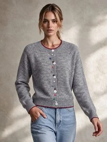 Trelyra Cardigan Rajut Lembut Leher Bulat Warna Campuran Abu-abu Wanita dengan Kerah Ruffle Gelombang Kontras, Kancing Warna-warni Acak untuk Kombinasi Bebas, Jaket Sweater Lengan Panjang Longgar dan Santai - Grey - View 3
