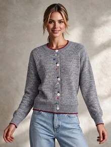Trelyra Cardigan Rajut Lembut Leher Bulat Warna Campuran Abu-abu Wanita dengan Kerah Ruffle Gelombang Kontras, Kancing Warna-warni Acak untuk Kombinasi Bebas, Jaket Sweater Lengan Panjang Longgar dan Santai - Grey - View 4