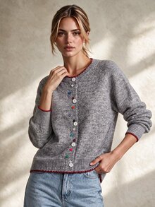 Trelyra Cardigan Rajut Lembut Leher Bulat Warna Campuran Abu-abu Wanita dengan Kerah Ruffle Gelombang Kontras, Kancing Warna-warni Acak untuk Kombinasi Bebas, Jaket Sweater Lengan Panjang Longgar dan Santai - Grey - View 5