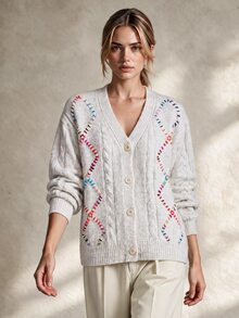 Trelyra 彩虹彩色線條刺繡粗針編織開襟衫，柔軟加厚寬鬆V領單排扣溫柔針織外套，秋冬慵懶風手工繩編對比色粗針編織毛衣 - 淺灰色 - 查看 1