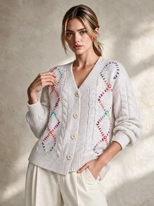 Trelyra 彩虹彩色線條刺繡粗針編織開襟衫，柔軟加厚寬鬆V領單排扣溫柔針織外套，秋冬慵懶風手工繩編對比色粗針編織毛衣 - 淺灰色 - 查看 3