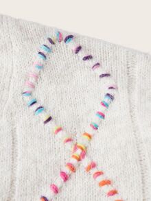 Trelyra 彩虹彩色線條刺繡粗針編織開襟衫，柔軟加厚寬鬆V領單排扣溫柔針織外套，秋冬慵懶風手工繩編對比色粗針編織毛衣 - 淺灰色 - 查看 10