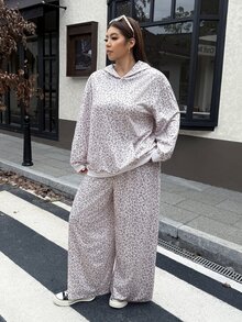 Muchica 大尺碼女款豹紋連帽衛衣與運動長褲時尚休閒兩件套 - 彩色 - 查看 6