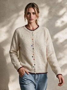 Trelyra Soft Style Contrast Color Frayed Edge Colorful Button Loose Lazy Knit Cardigan - Beige - View 1