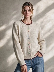 Trelyra Soft Style Contrast Color Frayed Edge Colorful Button Loose Lazy Knit Cardigan - Beige - View 3