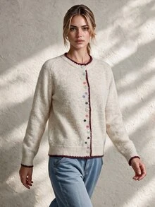 Trelyra Soft Style Contrast Color Frayed Edge Colorful Button Loose Lazy Knit Cardigan - Beige - View 6