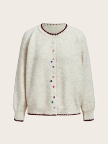 Trelyra Soft Style Contrast Color Frayed Edge Colorful Button Loose Lazy Knit Cardigan - Beige - View 7