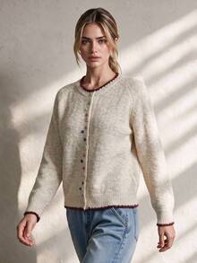 Trelyra Soft Style Contrast Color Frayed Edge Colorful Button Loose Lazy Knit Cardigan - Beige - View 5