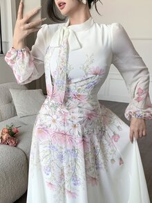 Modelyn Tie-Up Waist Ruched Placement Print Flared Long Sleeve Autumn White Floral Dress For Women Wedding Date Party Garden Tea Romantic Casual Elegant - Pink - View 7