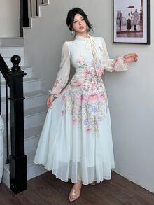 Modelyn Tie-Up Waist Ruched Placement Print Flared Long Sleeve Autumn White Floral Dress For Women Wedding Date Party Garden Tea Romantic Casual Elegant - Pink - View 5