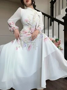 Modelyn Tie-Up Waist Ruched Placement Print Flared Long Sleeve Autumn White Floral Dress For Women Wedding Date Party Garden Tea Romantic Casual Elegant - Pink - View 4