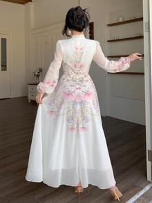 Modelyn Tie-Up Waist Ruched Placement Print Flared Long Sleeve Autumn White Floral Dress For Women Wedding Date Party Garden Tea Romantic Casual Elegant - Pink - View 2