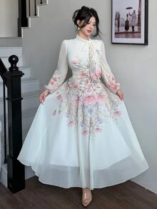 Modelyn Tie-Up Waist Ruched Placement Print Flared Long Sleeve Autumn White Floral Dress For Women Wedding Date Party Garden Tea Romantic Casual Elegant - Pink - View 6