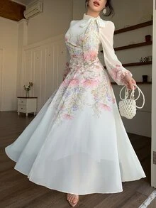 Modelyn Tie-Up Waist Ruched Placement Print Flared Long Sleeve Autumn White Floral Dress For Women Wedding Date Party Garden Tea Romantic Casual Elegant - Pink - View 3