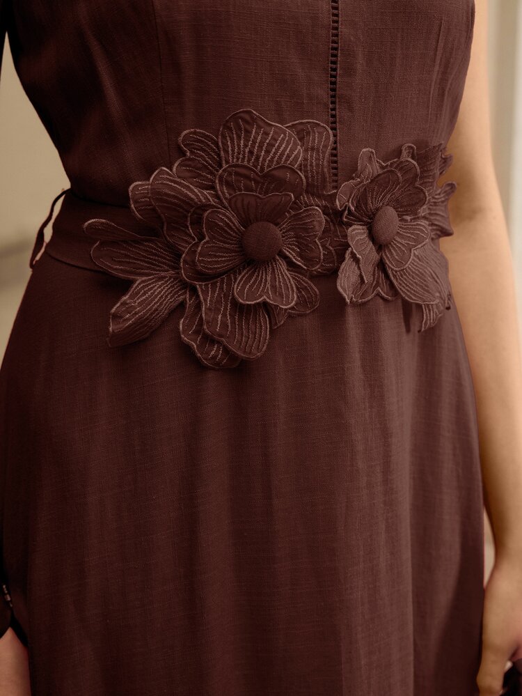 ZEYLAH Spring/Summer Sleeveless Round Neck Linen Dress With 3D Floral Decor - Coffee Brown - View 2