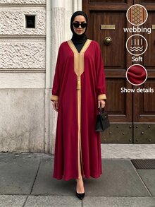 Celisse Women's Spring/Autumn V-Neck Dark Red And Trim Long Dress Dinner Party Conservative Modest Elegant Elegance - Red - View 6