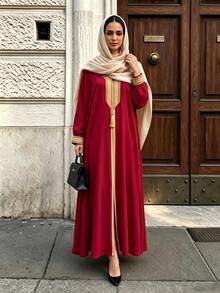 Celisse Women's Spring/Autumn V-Neck Dark Red And Trim Long Dress Dinner Party Conservative Modest Elegant Elegance - Red - View 4