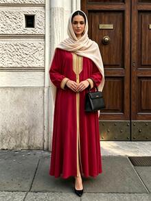 Celisse Women's Spring/Autumn V-Neck Dark Red And Trim Long Dress Dinner Party Conservative Modest Elegant Elegance - Red - View 8