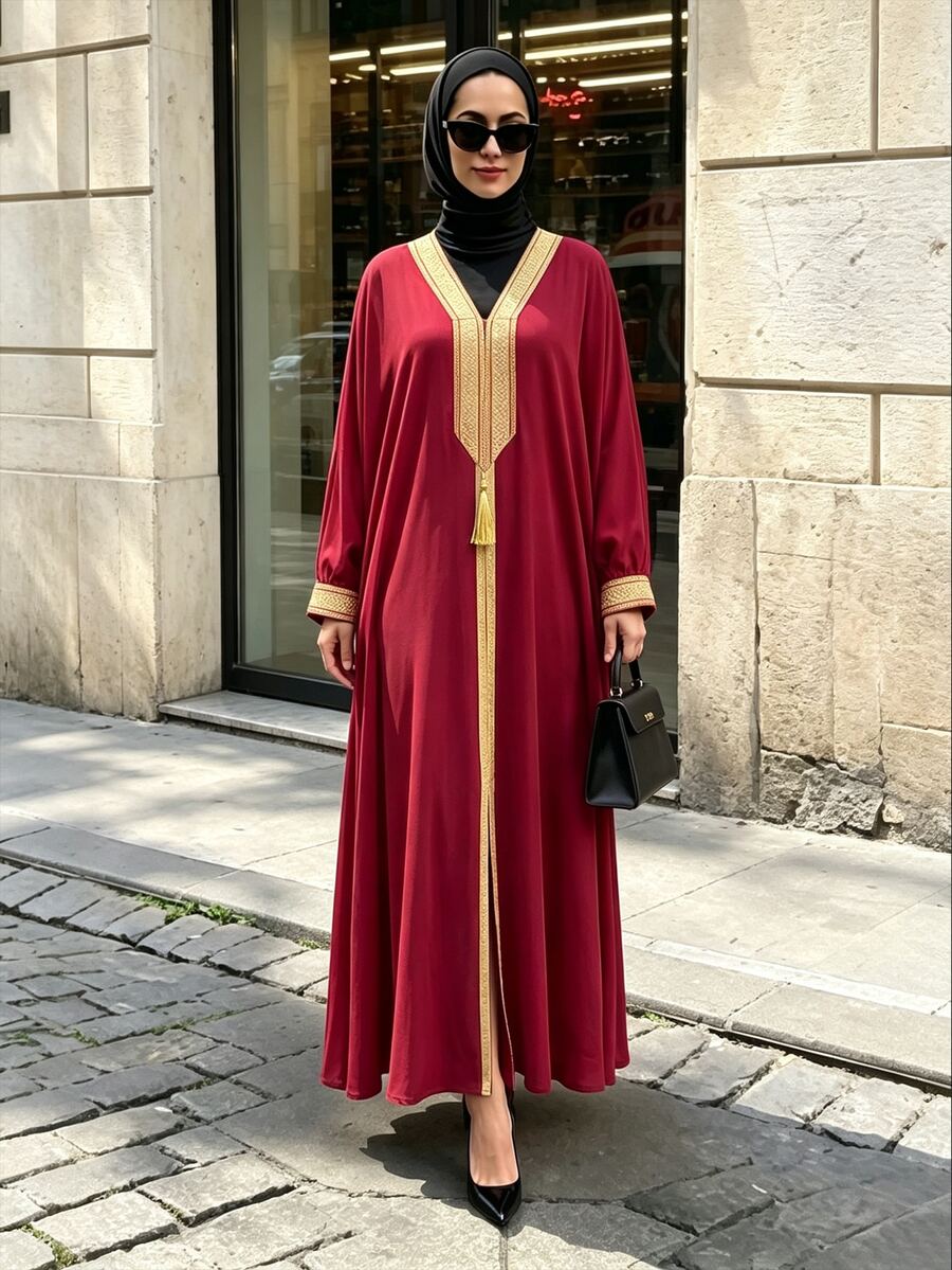 Celisse Women's Spring/Autumn V-Neck Dark Red And Trim Long Dress Dinner Party Conservative Modest Elegant Elegance - Red - View 1