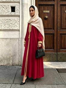 Celisse Women's Spring/Autumn V-Neck Dark Red And Trim Long Dress Dinner Party Conservative Modest Elegant Elegance - Red - View 7