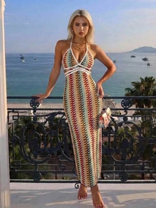 Livesso Women's Beige Fitted Halter Neck Cover-Up Dress For Vacation Beach Outfits Summer Tropical Boho - Multicolor - View 4
