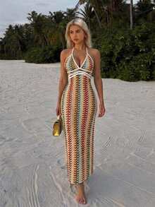 Livesso Women's Beige Fitted Halter Neck Cover-Up Dress For Vacation Beach Outfits Summer Tropical Boho - Multicolor - View 6