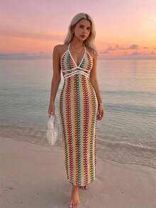 Livesso Women's Beige Fitted Halter Neck Cover-Up Dress For Vacation Beach Outfits Summer Tropical Boho - Multicolor - View 5