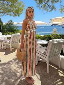 Livesso Women's Beige Fitted Halter Neck Cover-Up Dress For Vacation Beach Outfits Summer Tropical Boho - Multicolor - View 2