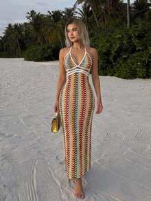 Livesso Women's Beige Fitted Halter Neck Cover-Up Dress For Vacation Beach Outfits Summer Tropical Boho - Multicolor - View 1
