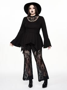 ROMWE Atasan Wanita Ukuran Plus Model Kerah Tinggi dengan Desain Mata Ular Berongga Gaya Boho Goth Hutan Terlarang Gelap - Hitam - View 7