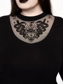 ROMWE Atasan Wanita Ukuran Plus Model Kerah Tinggi dengan Desain Mata Ular Berongga Gaya Boho Goth Hutan Terlarang Gelap - Hitam - View 1