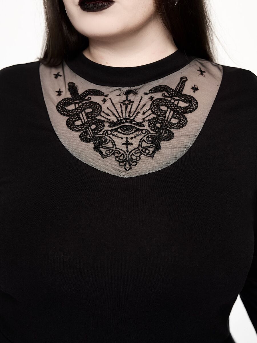 ROMWE Atasan Wanita Ukuran Plus Model Kerah Tinggi dengan Desain Mata Ular Berongga Gaya Boho Goth Hutan Terlarang Gelap - Hitam - View 1