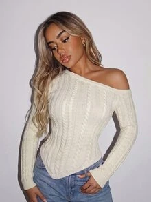 SHEIN ICON Women's Cable Knit Asymmetric Shoulder Long Sleeve Fitted Sweater - Beige - View 5