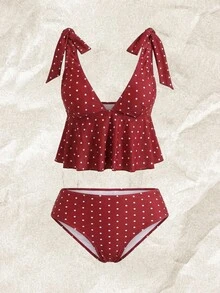 Bellisia Women's 2-Piece Plaid Print Halter Crop Top And Drawstring Waist Bikini Bottom Swimwear Set, Summer - Red - View 1