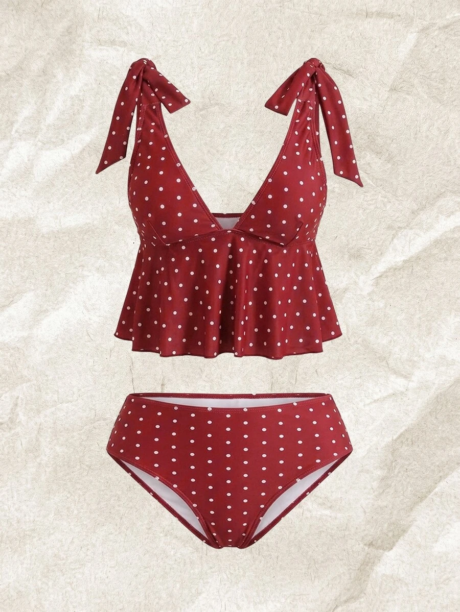 Bellisia Women's 2-Piece Plaid Print Halter Crop Top And Drawstring Waist Bikini Bottom Swimwear Set, Summer - Red - View 1