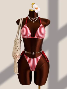 Zestiva Teen Girl Striped Print Halter Triangle Bikini Top With Side Tie Triangle Bottoms And Mesh Tank Top 3-Piece Set - Multicolor - View 9