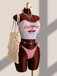 Zestiva Teen Girl Striped Print Halter Triangle Bikini Top With Side Tie Triangle Bottoms And Mesh Tank Top 3-Piece Set - Multicolor - View 6