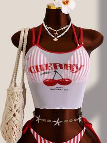 Zestiva Teen Girl Striped Print Halter Triangle Bikini Top With Side Tie Triangle Bottoms And Mesh Tank Top 3-Piece Set - Multicolor - View 7