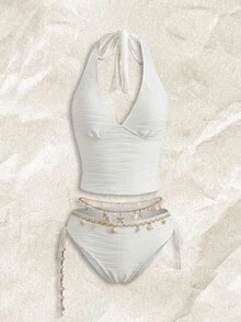 Bellisia 女款白色夏季休閒度假派對比基尼兩件套，紋理布料細肩帶綁帶上衣配貝殼裝飾，收腹泳衣 - 白色 - 查看 2
