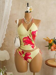 Bellisia New Spring/Summer Women's Position Printed Lace-Up Tankini Swimwear Set, Swimwears Tummy Control, Yellow Bathing Suit Top - Multicolor - View 9