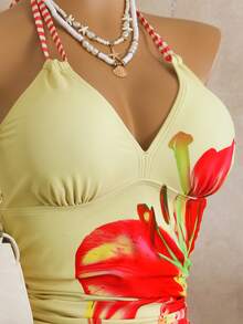 Bellisia New Spring/Summer Women's Position Printed Lace-Up Tankini Swimwear Set, Swimwears Tummy Control, Yellow Bathing Suit Top - Multicolor - View 3