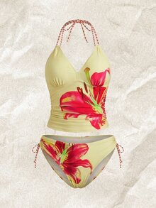 Bellisia New Spring/Summer Women's Position Printed Lace-Up Tankini Swimwear Set, Swimwears Tummy Control, Yellow Bathing Suit Top - Multicolor - View 1